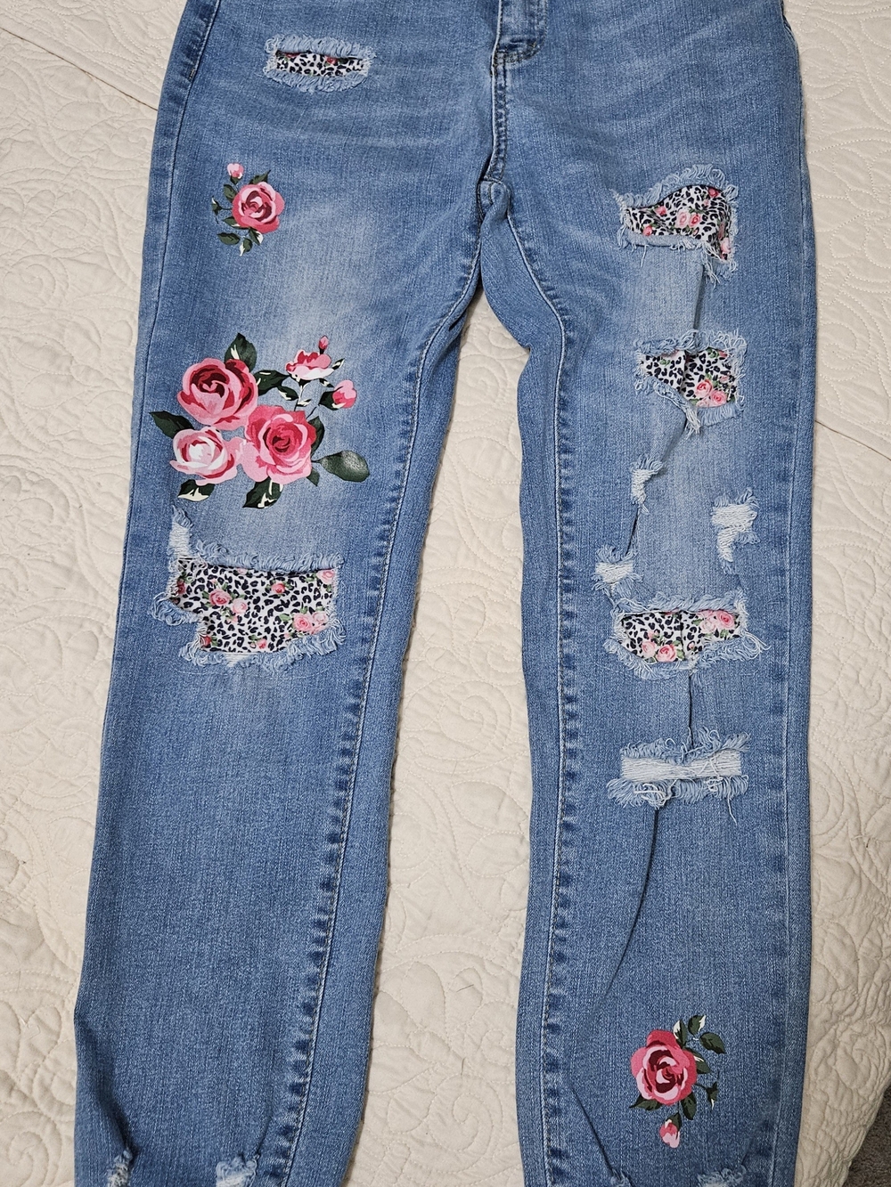 Light Blue Boyfriend Jeans with Pink Rose Embroidery